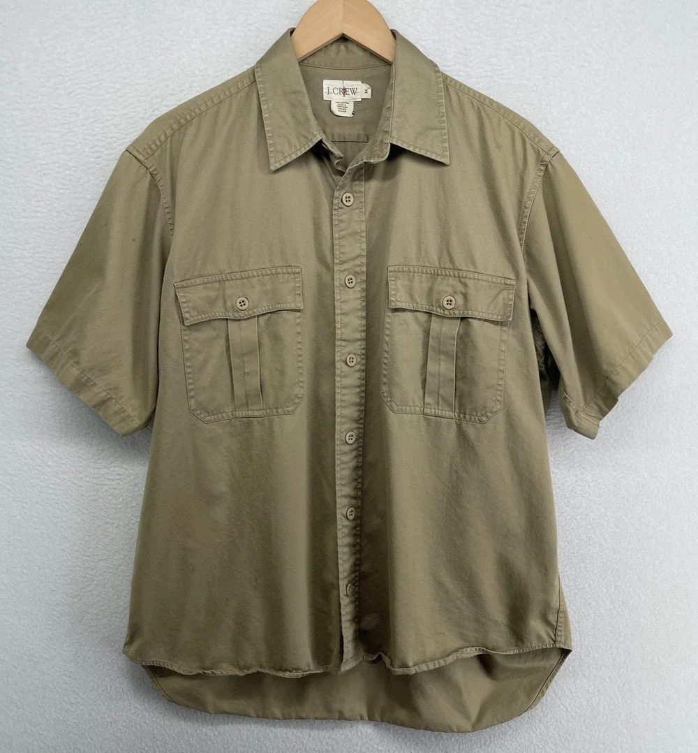 J.CREW Shirt Mens M 90s Oarsman OAR Twill Utility Button Up Cotton Beige Y2K Vtg